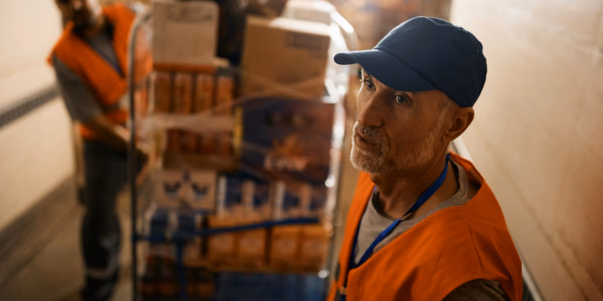 Warehouse worker in an orange vest and blue cap looks up while standing by stacked boxes on a trolley.