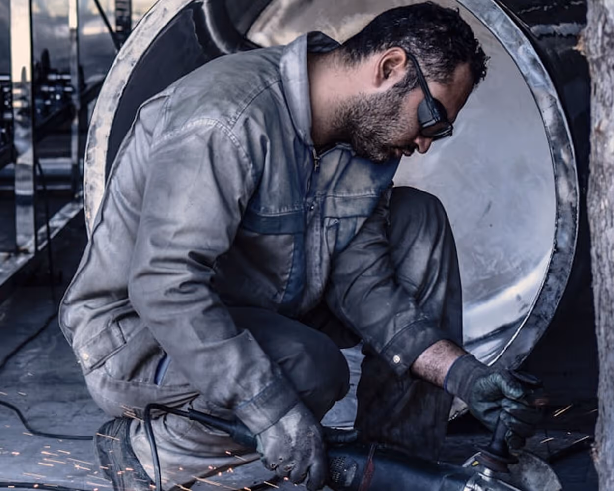 Man wearing safety glasses and gloves using an angle grinder, creating sparks while working on metal.