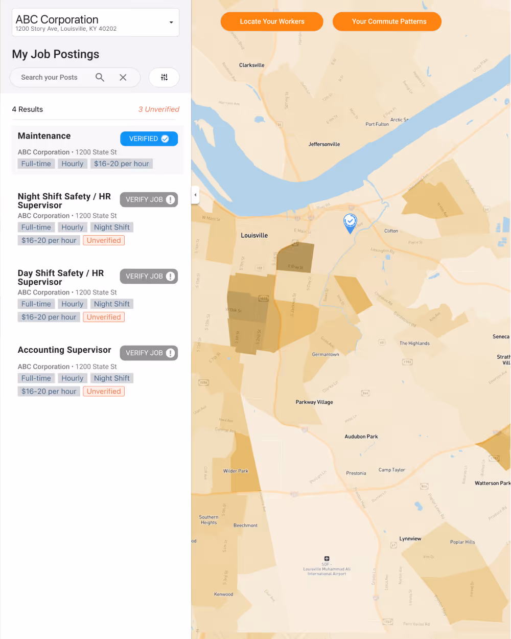 Job postings panel for ABC Corporation with four listings on the left and a map of Louisville, KY on the right, showing a verified location marker.